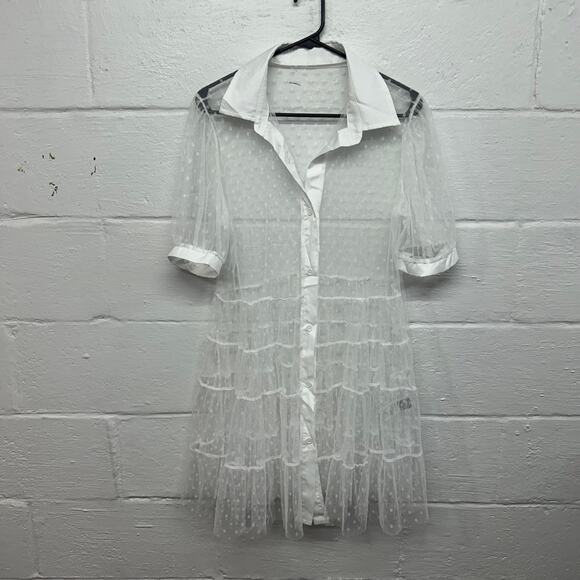 Romantic Sheer White Polka Dot Mesh Blouse Dress Soft Girl Size L - Picture 1 of 8